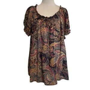 Chaps Denim Peasant Top Womens Size 2X Paisley Smocked Neck Beaded Tie Blouse